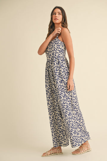 Navy Leaf Print Buckle Strap Wide Leg Jumpsuit