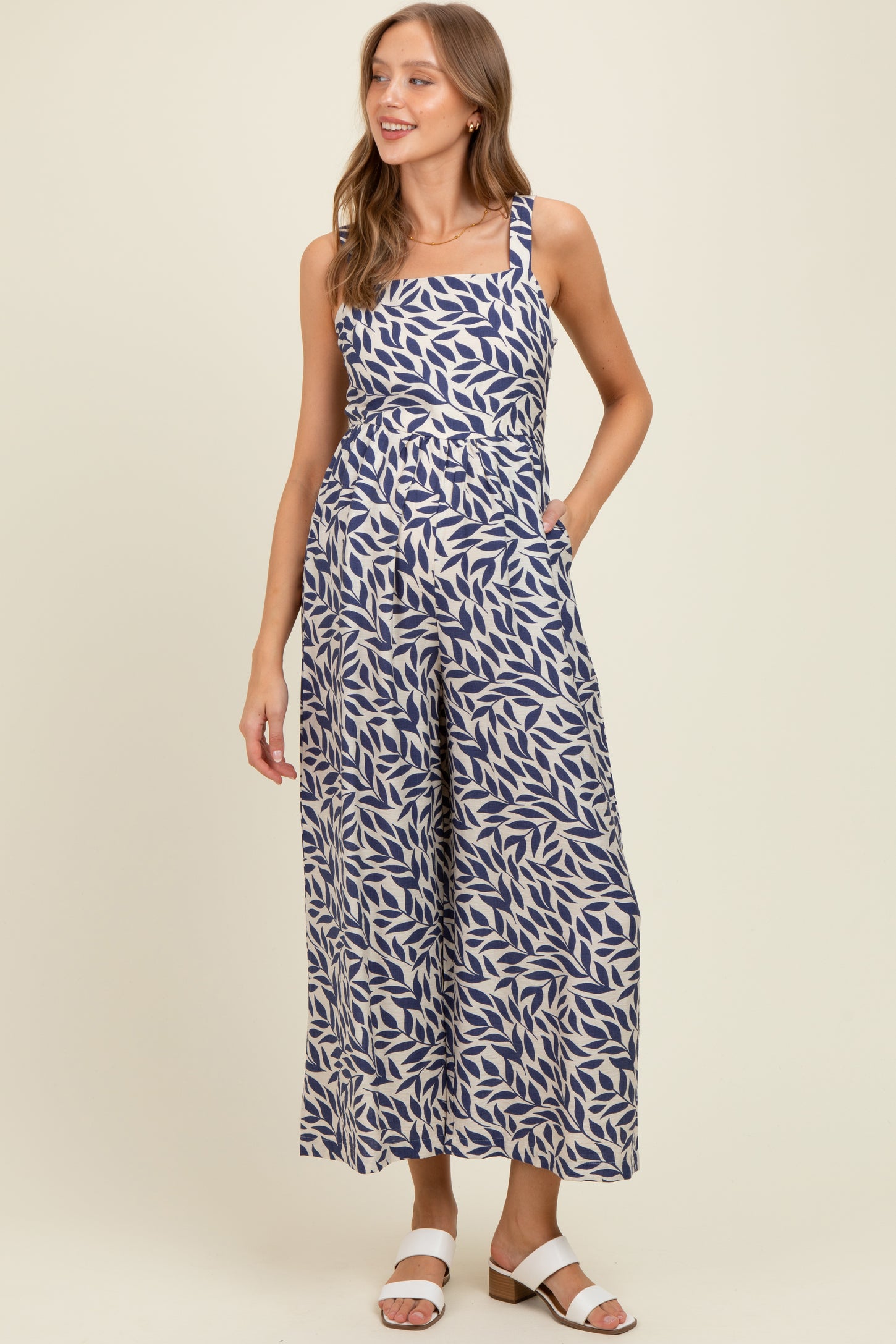 Navy Leaf Print Buckle Strap Wide Leg Maternity Jumpsuit