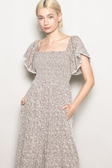 Light Taupe Floral Smocked Lace Trim Wide Leg Jumpsuit