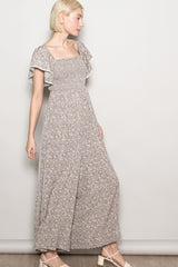 Light Taupe Floral Smocked Lace Trim Wide Leg Jumpsuit