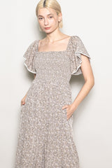 Light Taupe Floral Smocked Lace Trim Wide Leg Jumpsuit