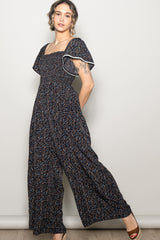 Black Floral Smocked Lace Trim Wide Leg Jumpsuit