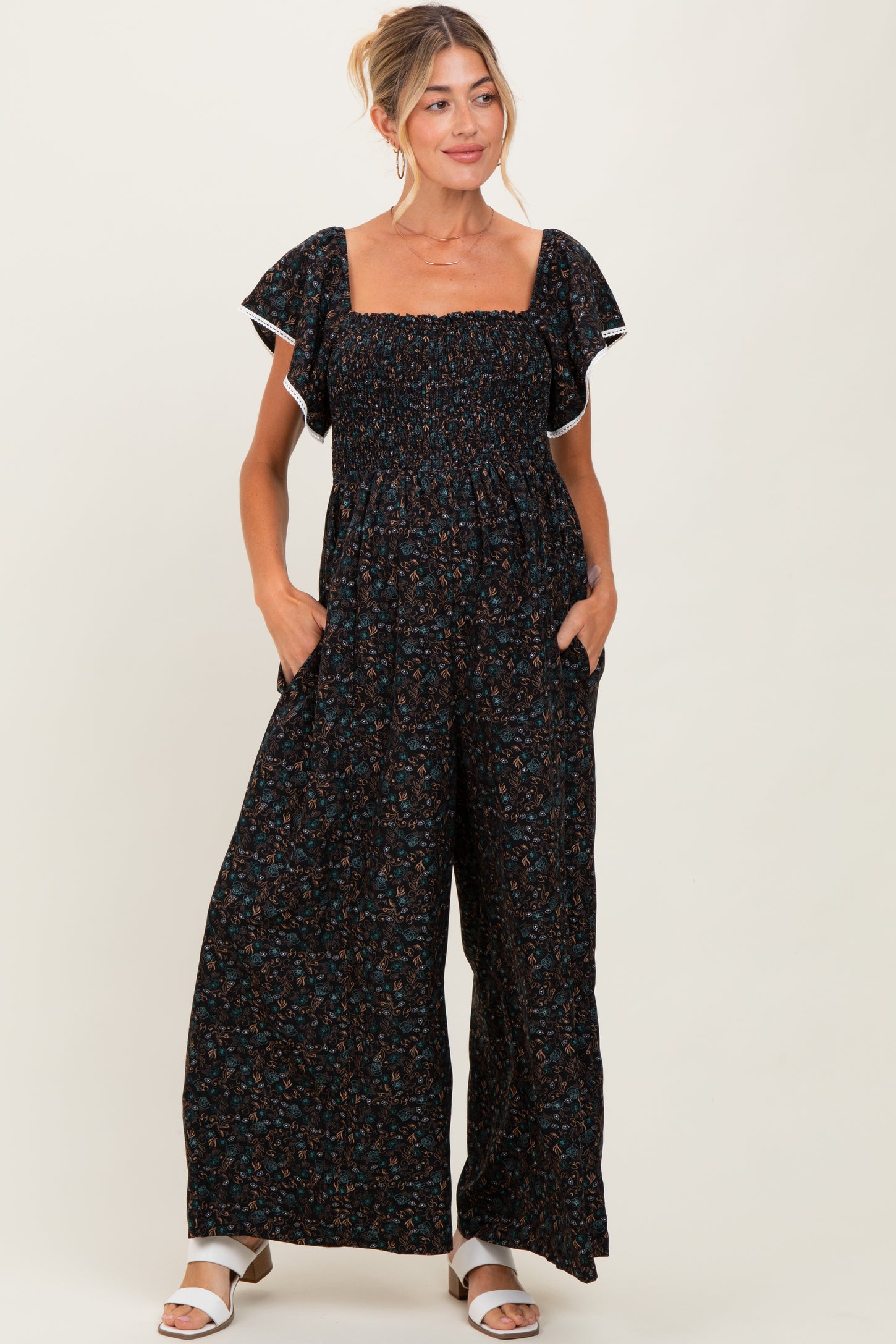 Black Floral Smocked Lace Trim Wide Leg Maternity Jumpsuit