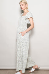 Ivory Floral Smocked Lace Trim Wide Leg Jumpsuit
