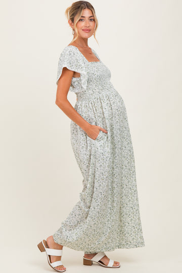Ivory Floral Smocked Lace Trim Wide Leg Maternity Jumpsuit