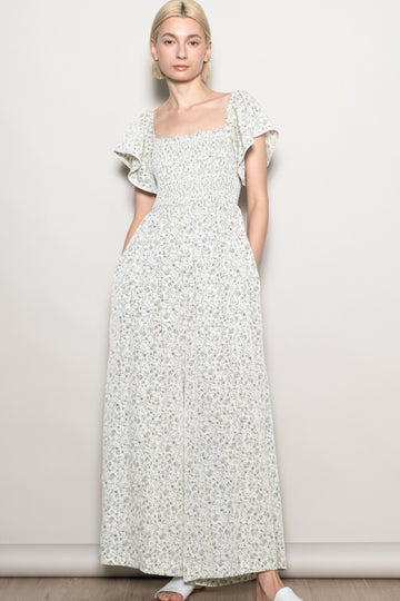 Ivory Floral Smocked Lace Trim Wide Leg Jumpsuit