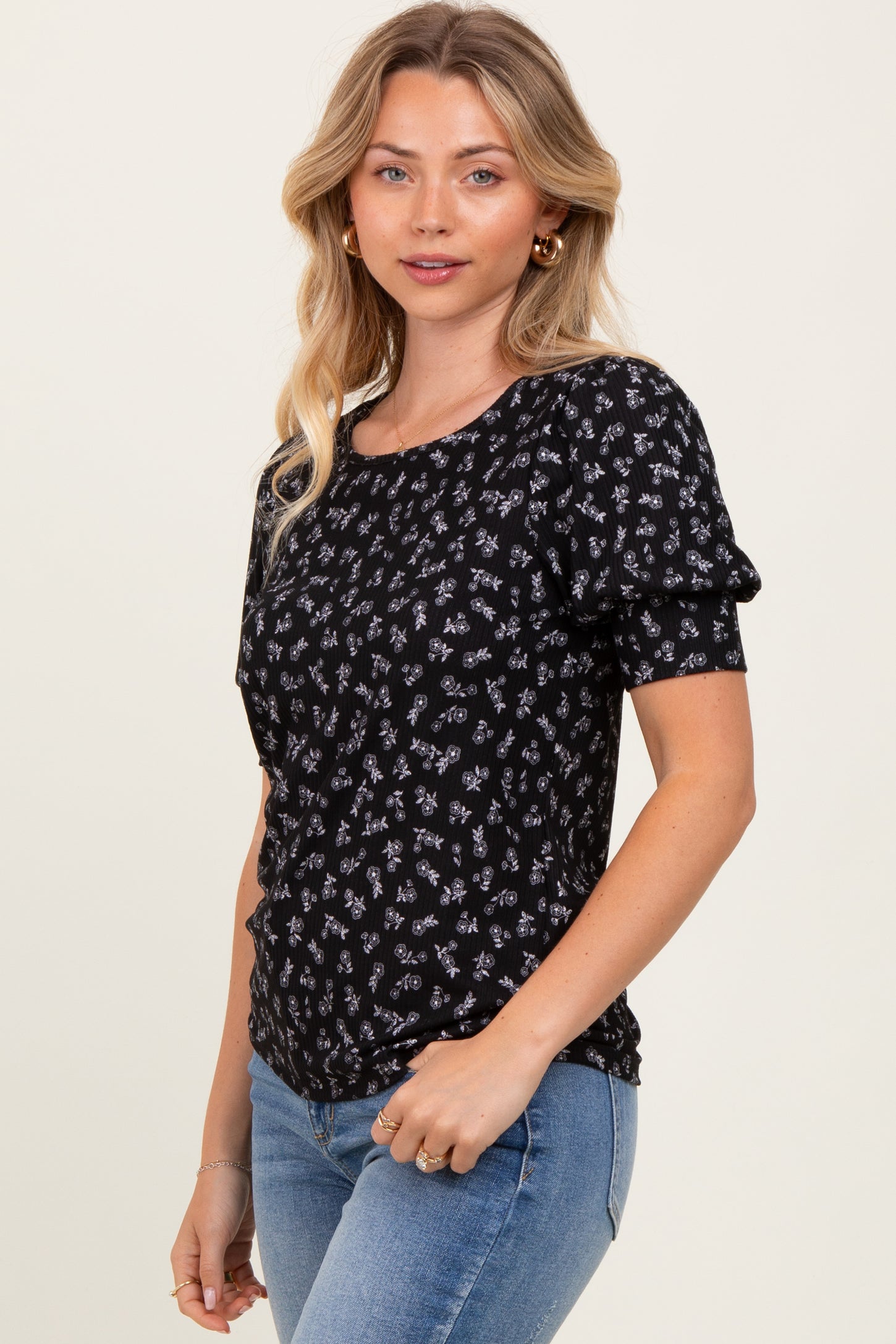 Black Floral Ribbed Puff Sleeve Top