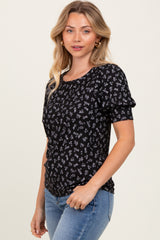 Black Floral Ribbed Puff Sleeve Top