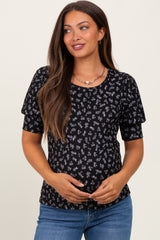 Black Floral Ribbed Puff Sleeve Maternity Top
