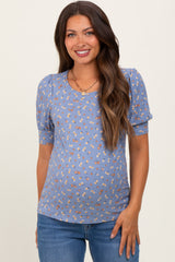 Blue Floral Ribbed Puff Sleeve Maternity Top