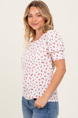 White Floral Ribbed Puff Sleeve Maternity Top