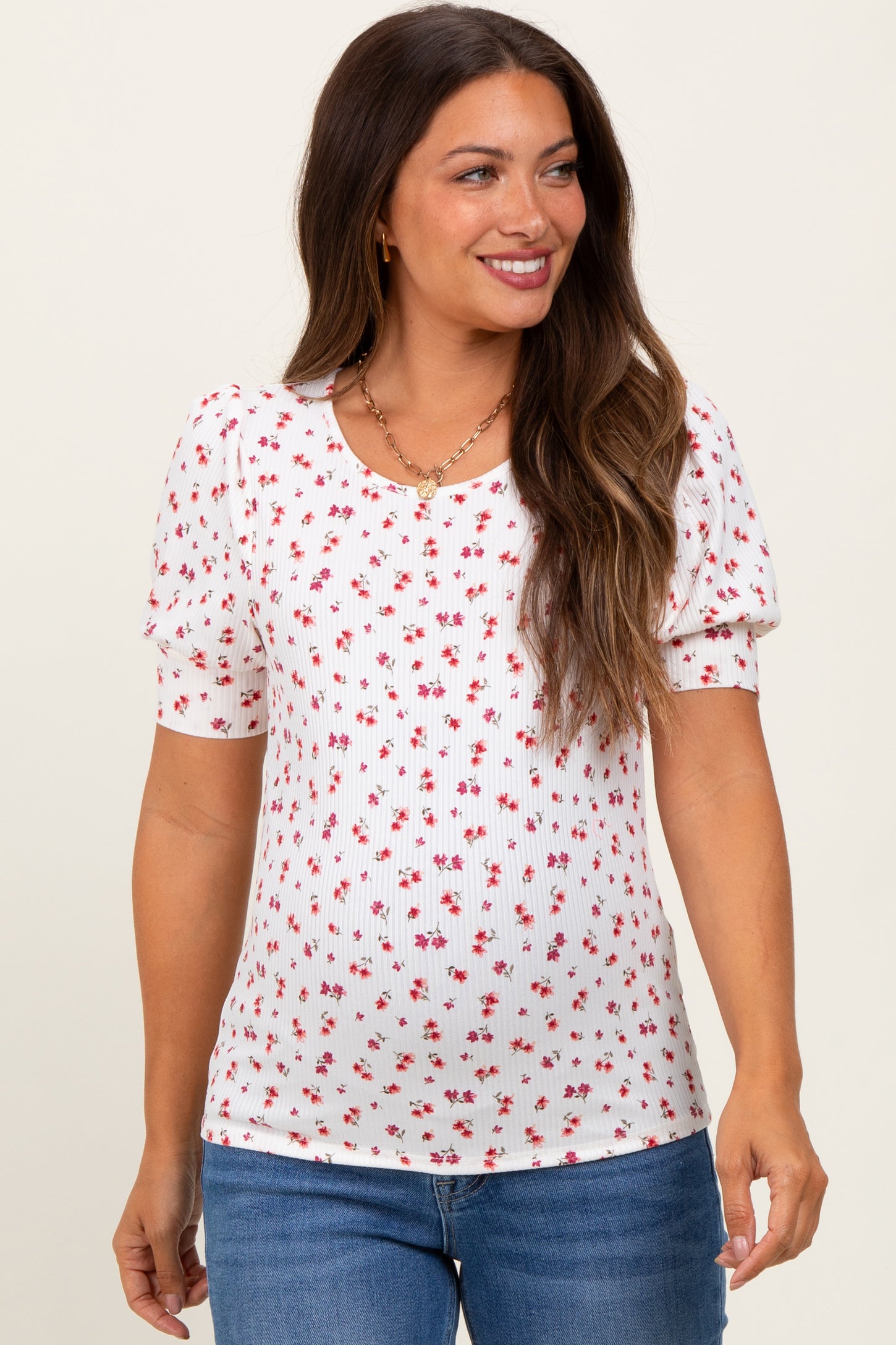 White Floral Ribbed Puff Sleeve Maternity Top
