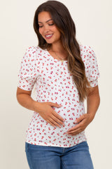 White Floral Ribbed Puff Sleeve Maternity Top