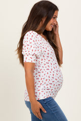 White Floral Ribbed Puff Sleeve Maternity Top