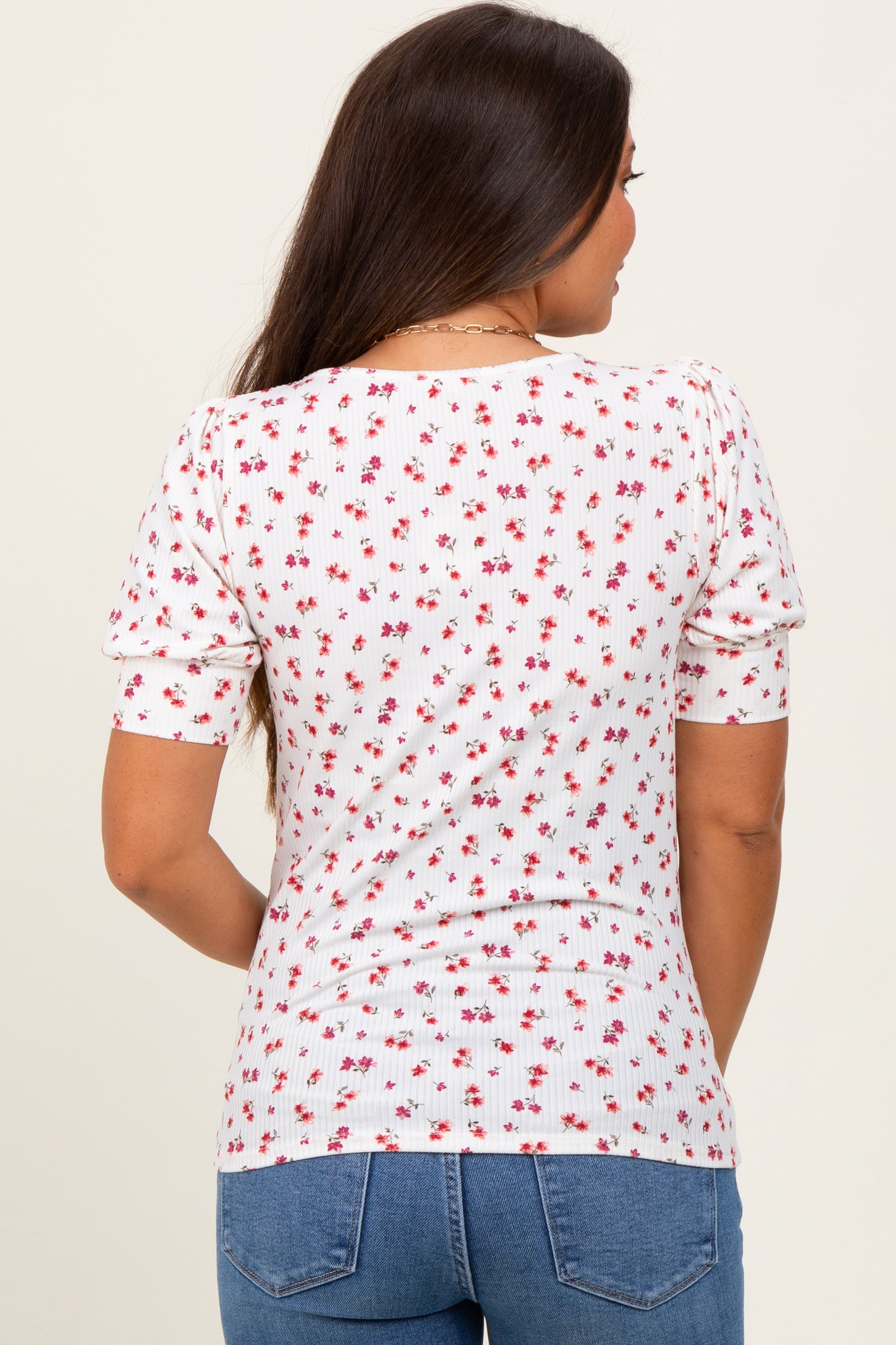 White Floral Ribbed Puff Sleeve Maternity Top