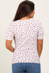 White Floral Ribbed Puff Sleeve Maternity Top