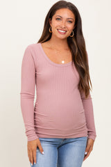 Mauve Ribbed Ruched Maternity Long Sleeve Top