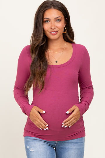 Magenta Ribbed Ruched Maternity Long Sleeve Top