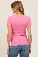 Pink Ribbed Ruched Short Sleeve Maternity Top