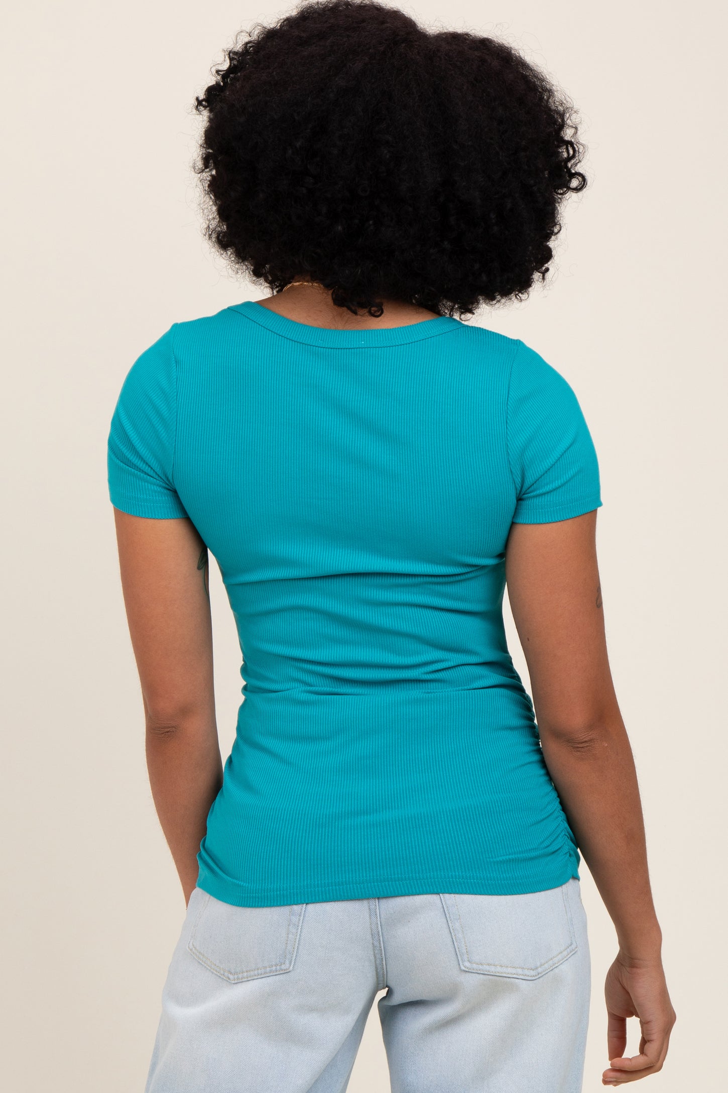 Teal Ribbed Ruched Short Sleeve Top