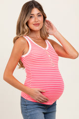 Pink Striped Ribbed Button Front Maternity Tank Top