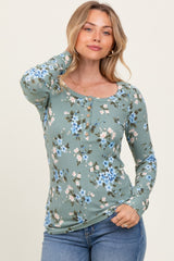 Light Olive Floral Ribbed Henley Top