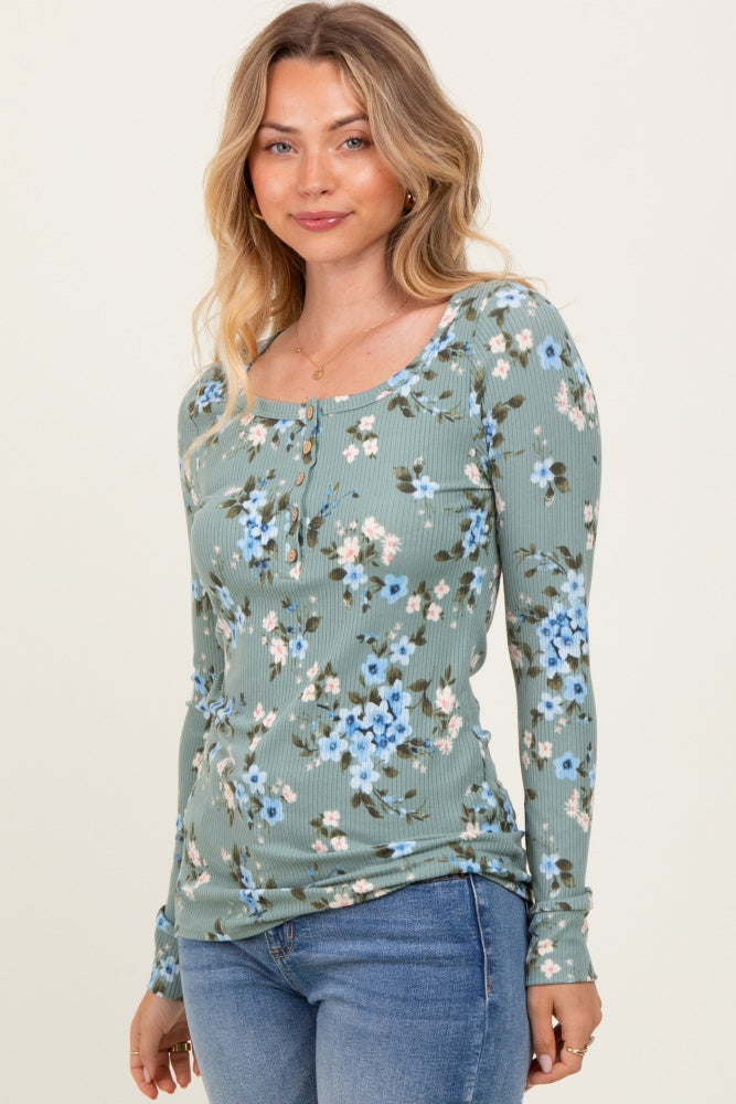 Light Olive Floral Ribbed Henley Top