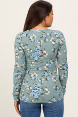 Light Olive Floral Ribbed Maternity Henley Top