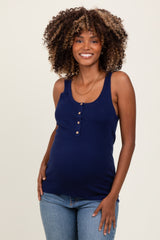Navy Ribbed Knit Button Maternity Tank Top