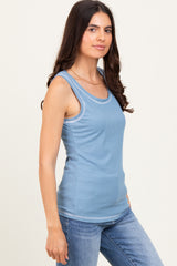 Blue Ribbed Contrast Stitch Tank Top