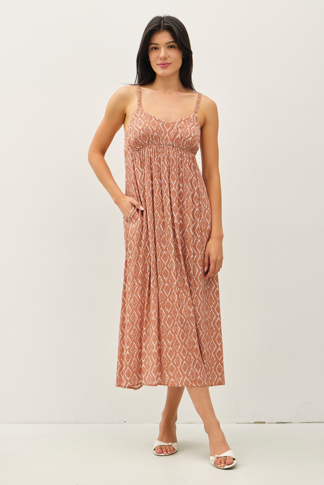 Rust Printed Sleeveless Midi Dress