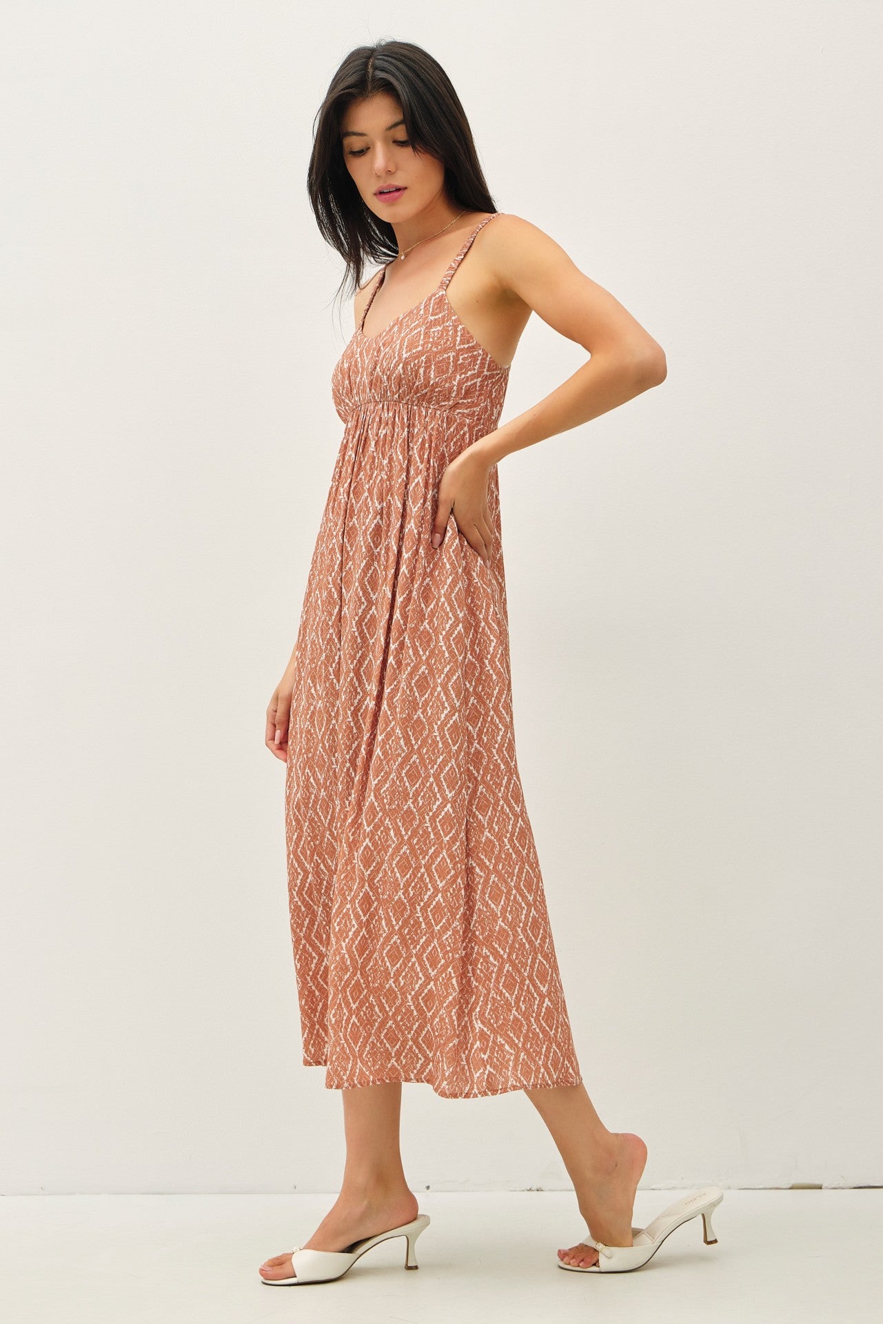Rust Printed Sleeveless Midi Dress