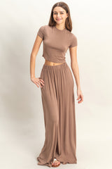 Mocha Cropped Short Sleeve Wide Leg Pants Set