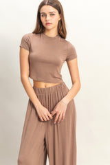 Mocha Cropped Short Sleeve Wide Leg Pants Set