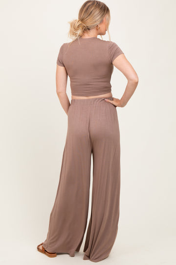 Mocha Cropped Short Sleeve Wide Leg Pants Maternity Set