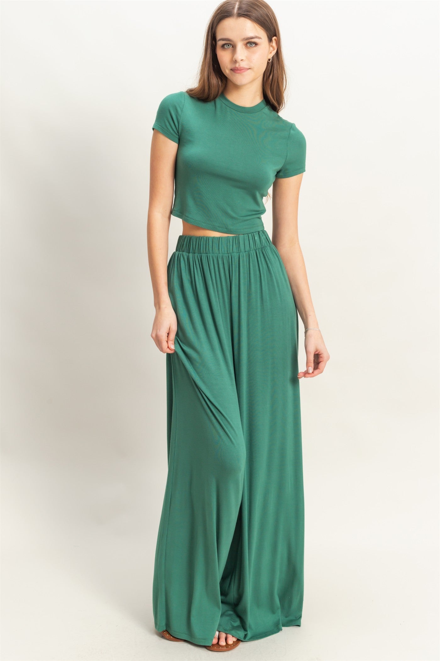 Emerald Green Cropped Short Sleeve Wide Leg Pants Maternity Set