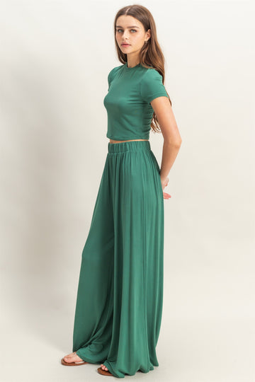 Emerald Green Cropped Short Sleeve Wide Leg Pants Set