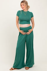 Emerald Green Cropped Short Sleeve Wide Leg Pants Maternity Set
