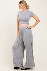 Heather Grey Cropped Short Sleeve Wide Leg Pants Maternity Set