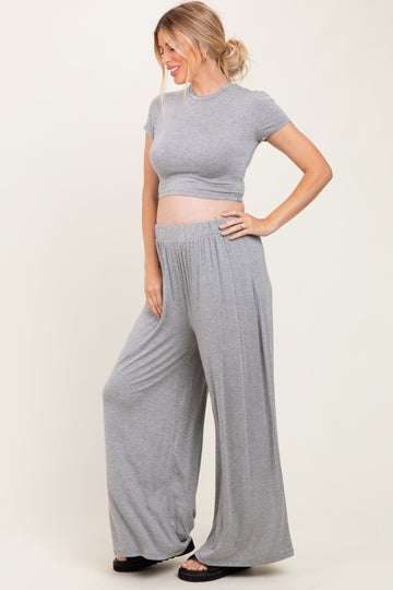 Heather Grey Cropped Short Sleeve Wide Leg Pants Maternity Set
