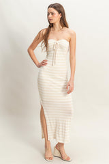 Cream Striped Knit Strapless Side Slit Maternity Maxi Dress