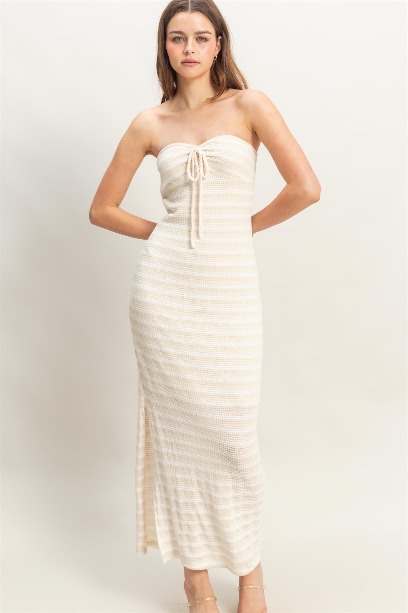 Cream Striped Knit Strapless Side Slit Maxi Dress PinkBlush Cream Striped Knit Strapless Side Slit Maxi Dress PinkBlush