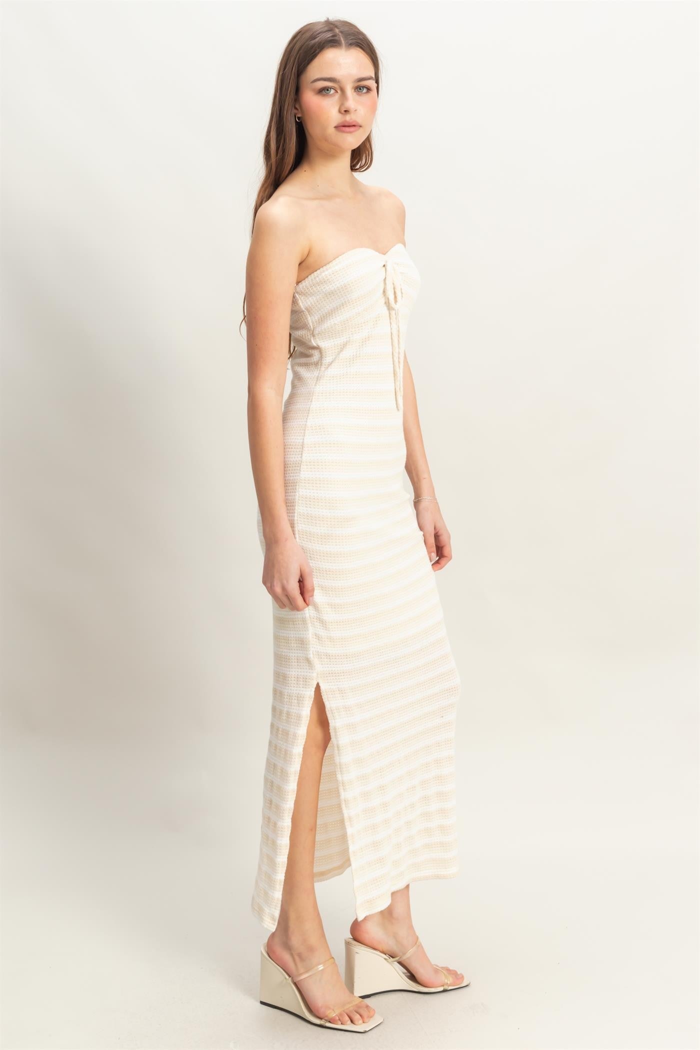 Cream Striped Knit Strapless Side Slit Maxi Dress PinkBlush Cream Striped Knit Strapless Side Slit Maxi Dress PinkBlush