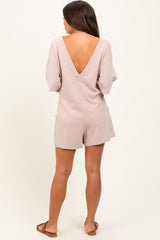 Beige V Back Short Sleeve Pocketed Maternity Romper