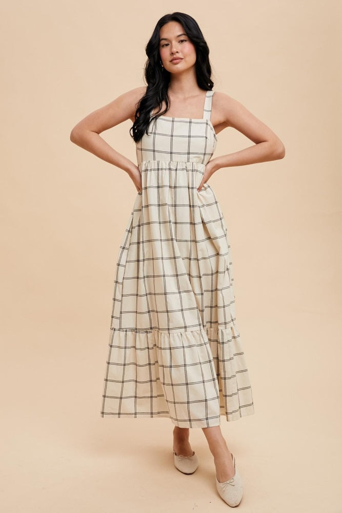 Cream Plaid Cutout Tie Back Maxi Dress PinkBlush Cream Plaid Cutout Tie Back Maxi Dress PinkBlush