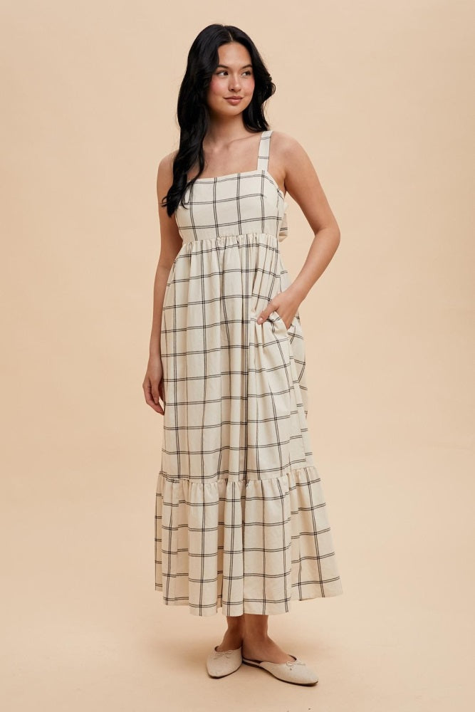 Cream Plaid Cutout Tie Back Maxi Dress