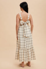 Cream Plaid Cutout Tie Back Maxi Dress
