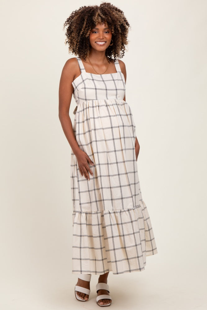 Cream Plaid Cutout Tie Back Maternity Maxi Dress