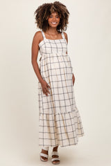 Cream Plaid Cutout Tie Back Maternity Maxi Dress