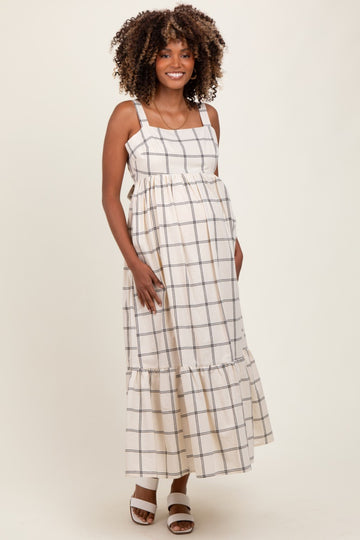 Cream Plaid Cutout Tie Back Maternity Maxi Dress